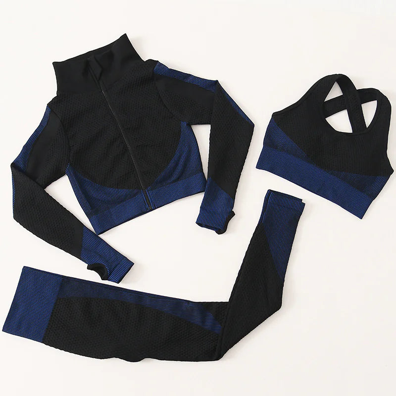 3-Piece Yoga Set – High-Waist Leggings, Sports Bra, and Long-Sleeve Jacket