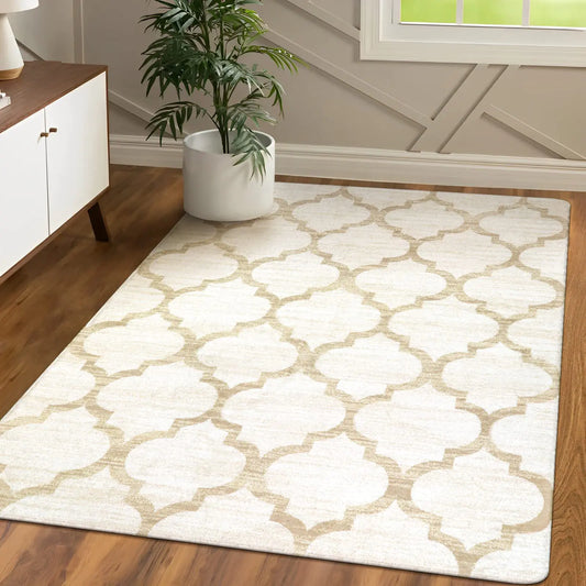 Moroccan Living Room Carpet – 4x6 Area Rug Washable Non-Slip Soft Rug for Bedroom, Ultra-Thin Throw Rug for Office, Modern Print Indoor Carpet for Laundry Room, Nursery (Beige 4x6)