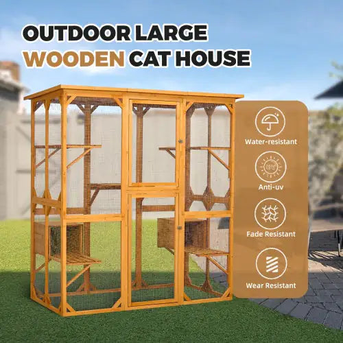 Catio Outdoor Cat Fence with Roof – 72" Tall Yellow Wooden Cat House