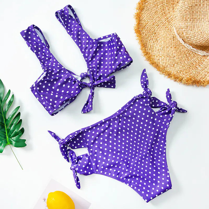 Checkered High-Waisted Bikini – Nylon Two-Piece Swimsuit in Blue, Red, and Purple