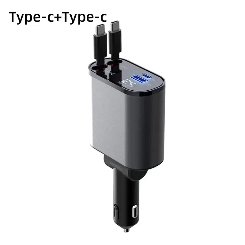 Retractable Car Charger 4-in-1 Fast Charging (100W High-Power, USB + Type-C Dual Port, Automatic Cable Storage)