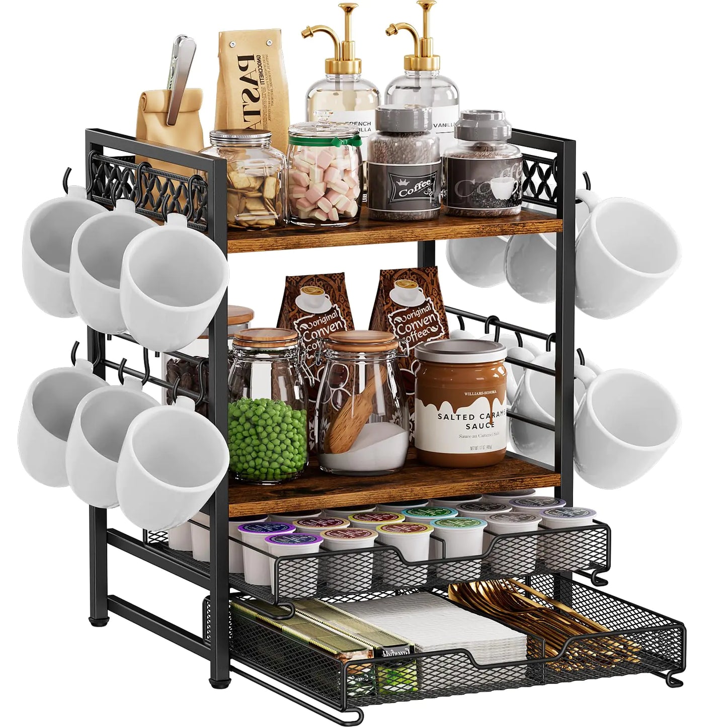 Coffee Bar Organizer Countertop Station Shelf – 4-Tier Mug Cup Holder with 12 Hooks & 30 K-Cup Drawer – Multifunctional Coffee Station Organizer for Accessories & Kitchen Storage
