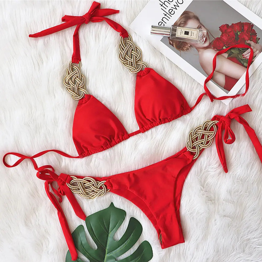 Handwoven Backless Bikini – Sexy Polyester Two-Piece in Bold Summer Colors