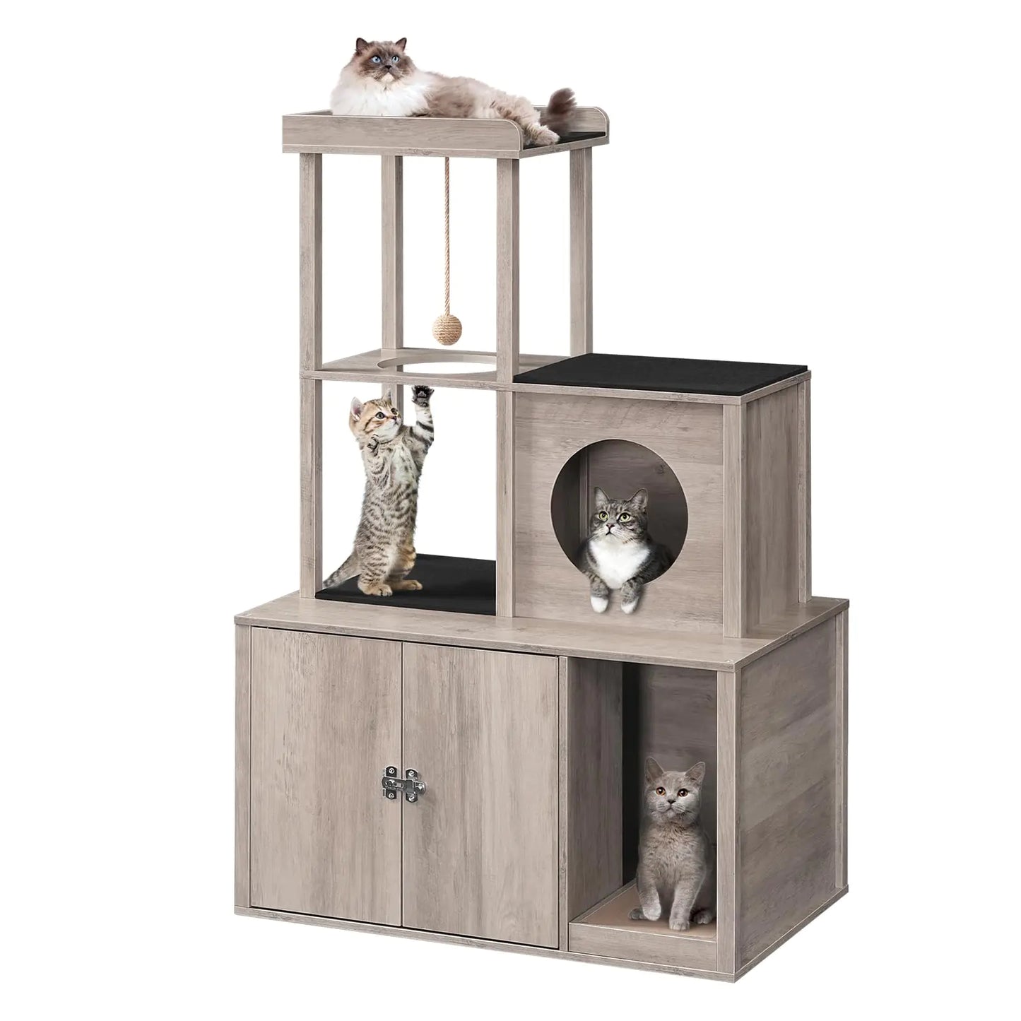 2-in-1 Hidden Cat Litter Box Enclosure and Multi-Level Cat Condo – Stylish Litter Furniture with Cat Cave, Tower, and Bed Area