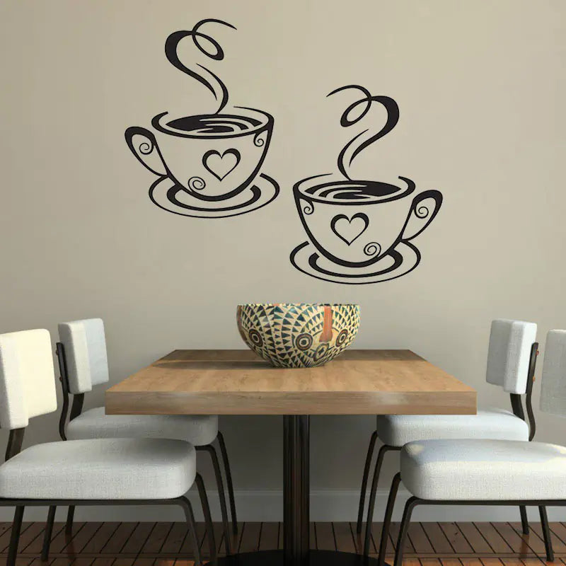 Coffee Cups Wall Stickers 2x – Kitchen & Bar Area Vinyl Decal, Black, 12.2"x7.4"