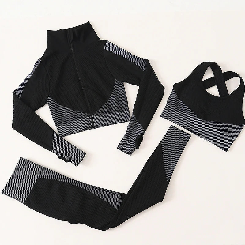 3-Piece Yoga Set – High-Waist Leggings, Sports Bra, and Long-Sleeve Jacket