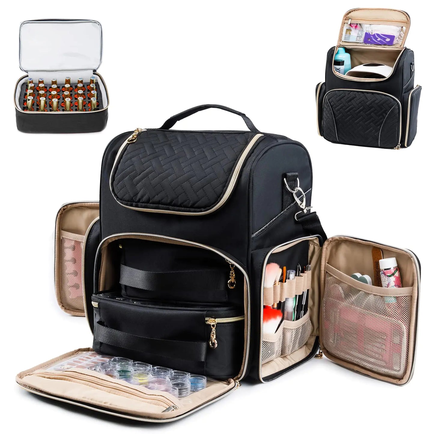 Nail Polish Organizer Backpack – Quilted Storage with 2 Detachable Bottle Cases, Lamp Space & Tool Compartments