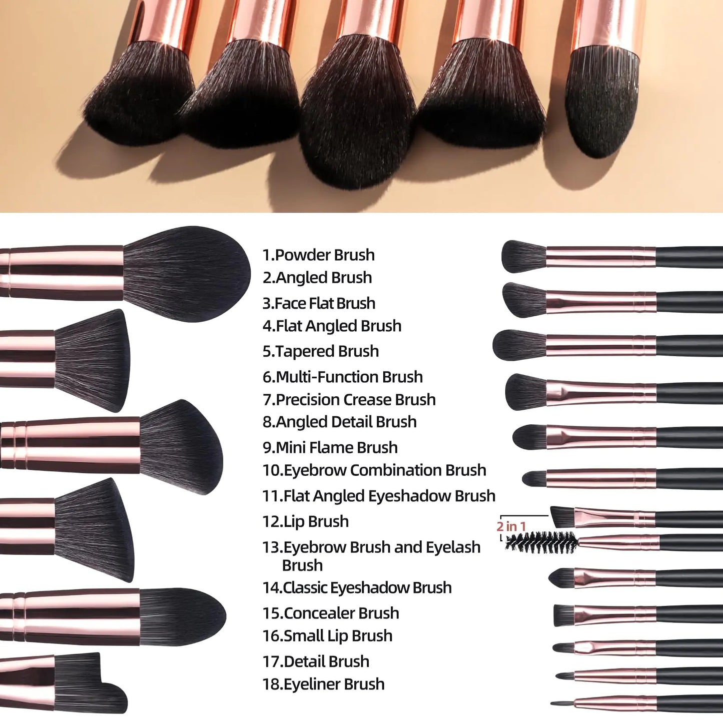18-Piece Makeup Brush Set with Storage Bucket (Black & Rose Gold, Professional Synthetic Bristles)