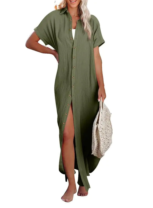 Womens Casual Short Sleeve Side Split Button Down Long Kimonos Cardigans Swimsuit Cover Ups Summer Beach Dress XX-Large 1 White