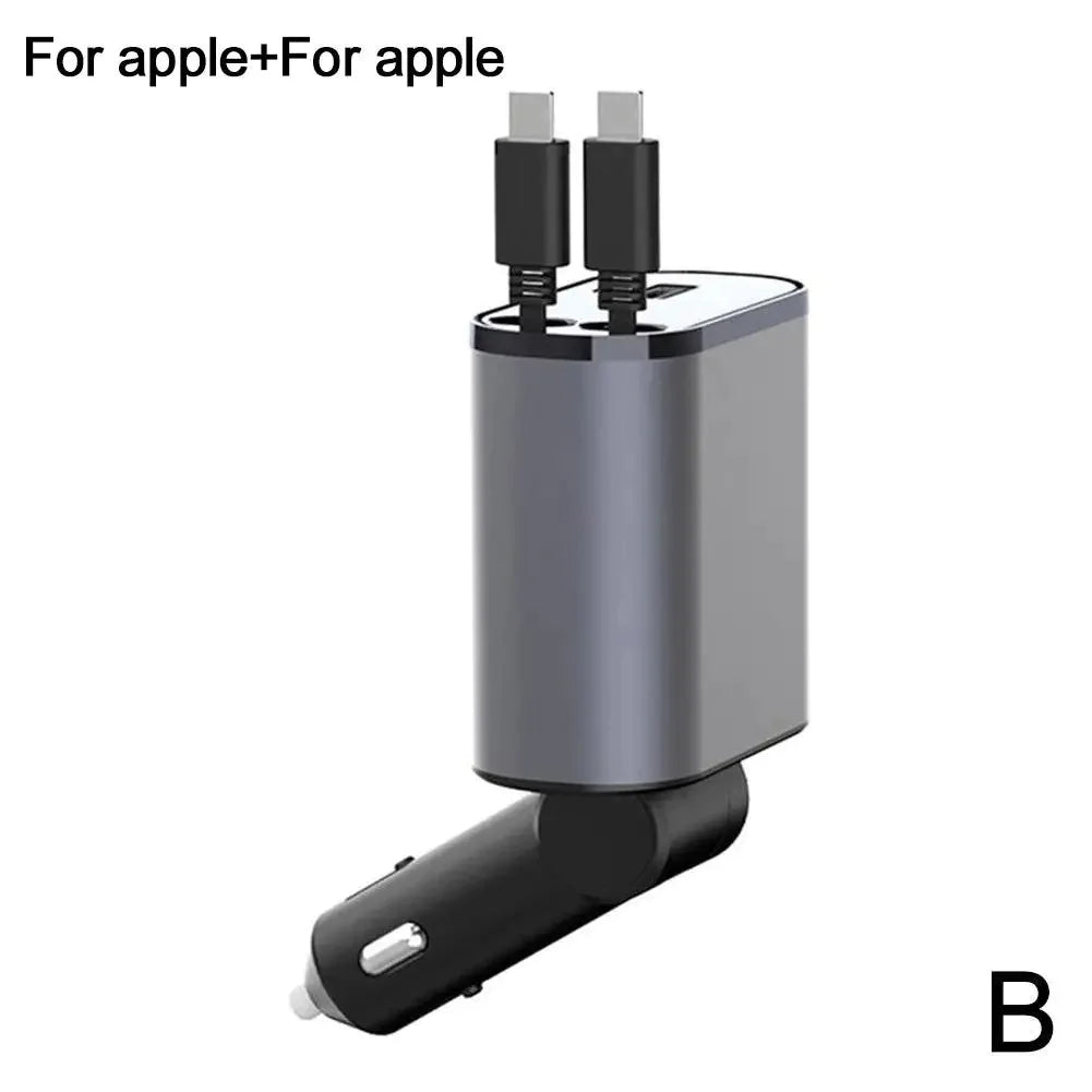 Retractable Car Charger 4-in-1 Fast Charging (100W High-Power, USB + Type-C Dual Port, Automatic Cable Storage)