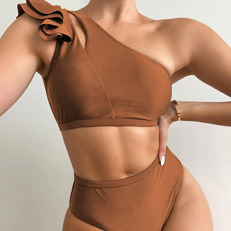One-Shoulder Ruffled High Waist Bikini – Sexy, Sleek Swimwear in Vibrant Colors (Sizes S–L)