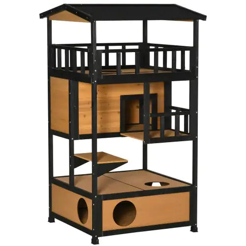 PawHut Wooden Outdoor Cat House – Yellow Wild Cat Sanctuary with Asphalt Roof, Jump Platforms, Escape Door, and Multi-Level Apartment Design