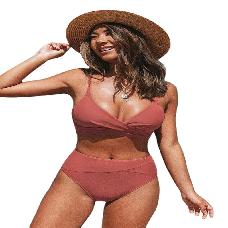 High-Waisted Solid Color Two-Piece Bikini – Elegant & Flattering Terylene Set (Sizes S–XL)