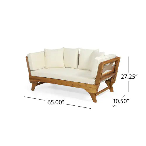 Serene Sun Bed – Teak Acacia Wood Frame with Expandable Design and Waterproof Cushions (Full Size, 65"–82" Adjustable Width)