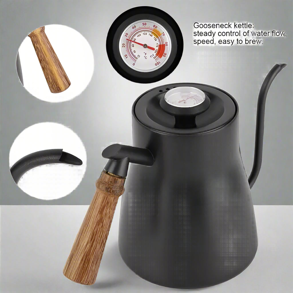 Coffee Dripper with Thermometer – 500ml Stainless Steel Gooseneck Kettle with Wooden Handle, Temperature Control for Pour Over Brewing – Black