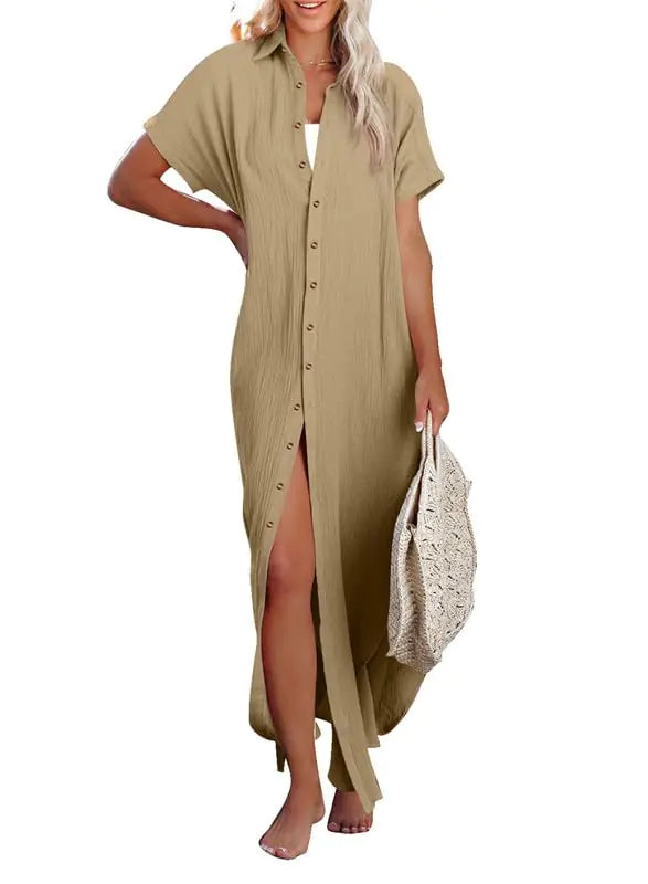 Womens Casual Short Sleeve Side Split Button Down Long Kimonos Cardigans Swimsuit Cover Ups Summer Beach Dress XX-Large 1 White