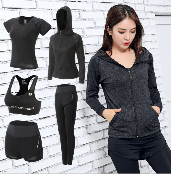 Women's 5-Piece Yoga and Fitness Suit Set – Bra, Shirt, Shorts, Leggings & Jacket – Activewear for Yoga, Gym & Athleisure – Available in Black, Green, Pink (S–3XL)