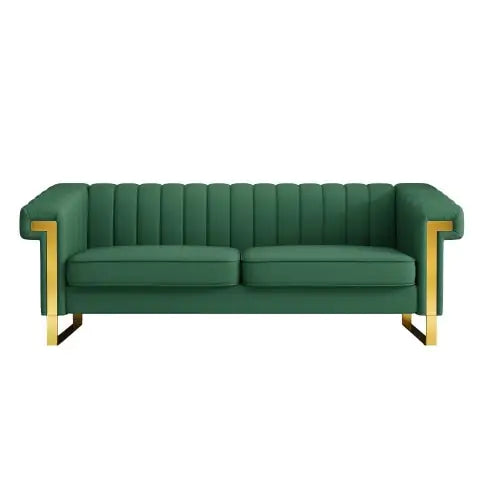 Modern Green PU Sofa with Gold Accents – Channel-Tufted 3-Seater for Living Room & Office