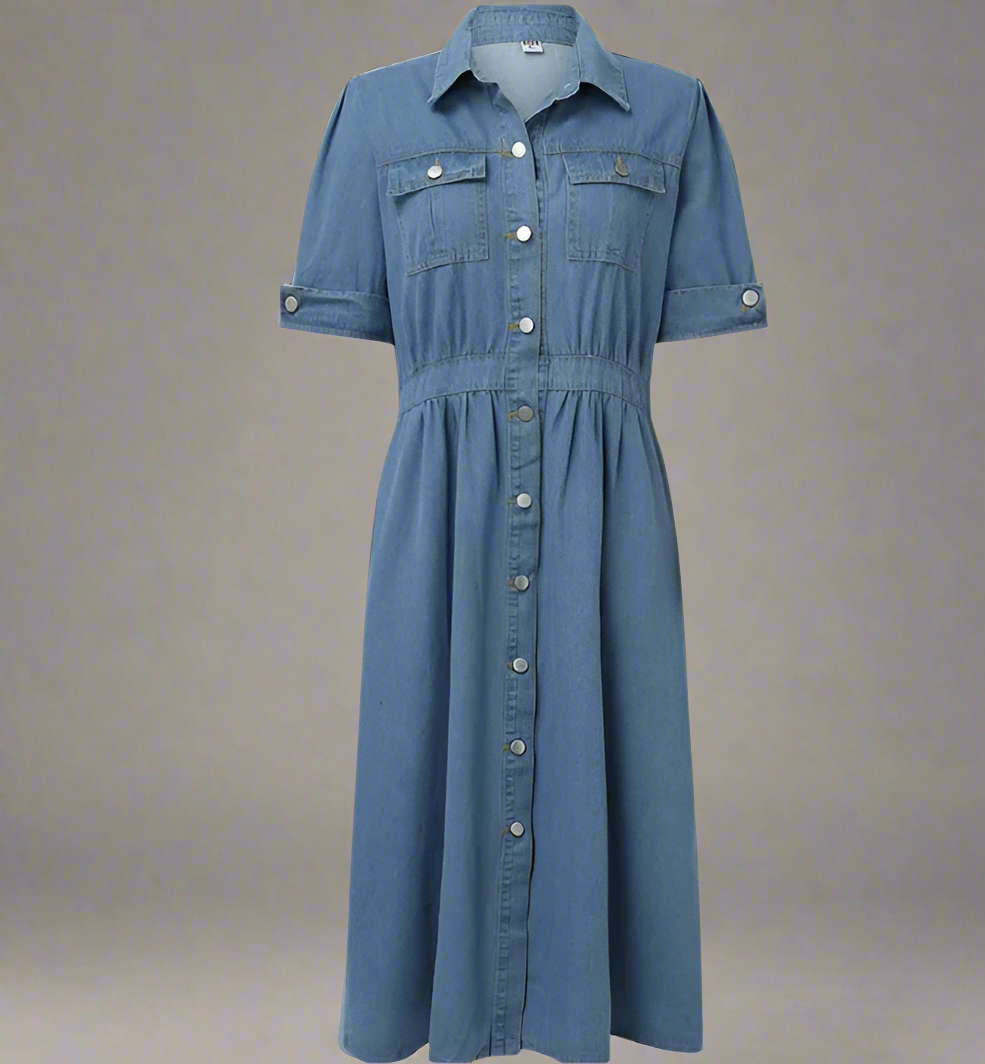 Denim Flip Collar Button Pocket Short Sleeve Dress – Effortless Style Meets Everyday Comfort