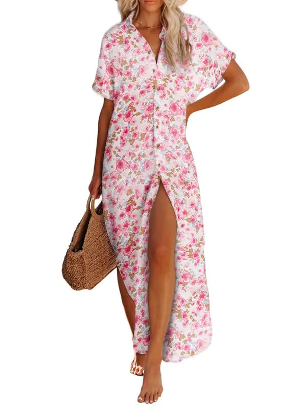 Womens Casual Short Sleeve Side Split Button Down Long Kimonos Cardigans Swimsuit Cover Ups Summer Beach Dress XX-Large 1 White
