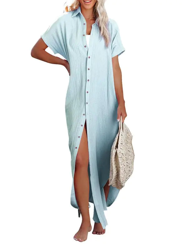 Womens Casual Short Sleeve Side Split Button Down Long Kimonos Cardigans Swimsuit Cover Ups Summer Beach Dress XX-Large 1 White