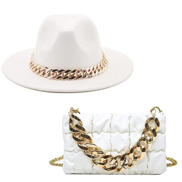 Fedora Hat and Handbag with Gold Chain – A Luxurious Fashion Statement