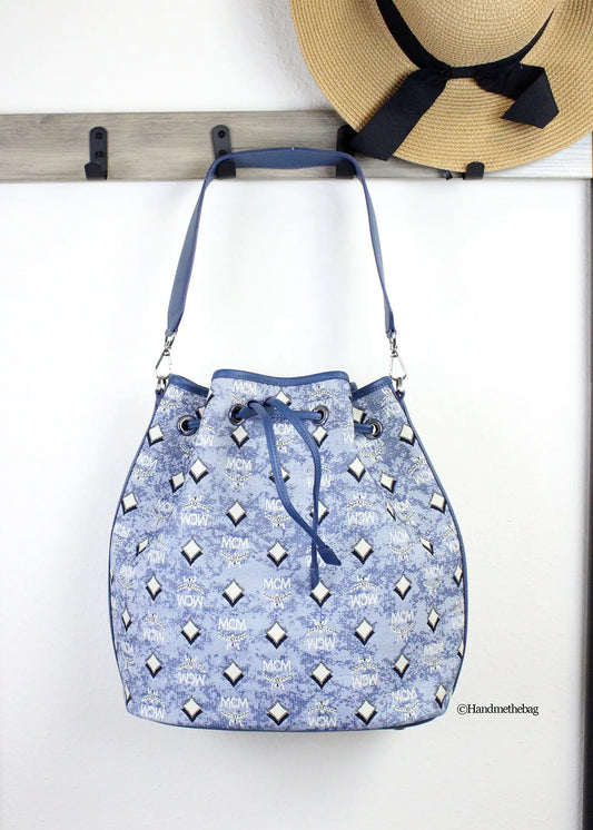 MCM Large Blue Vintage Denim Drawstring Bucket Handbag – Logo Fabric & Leather Trim
