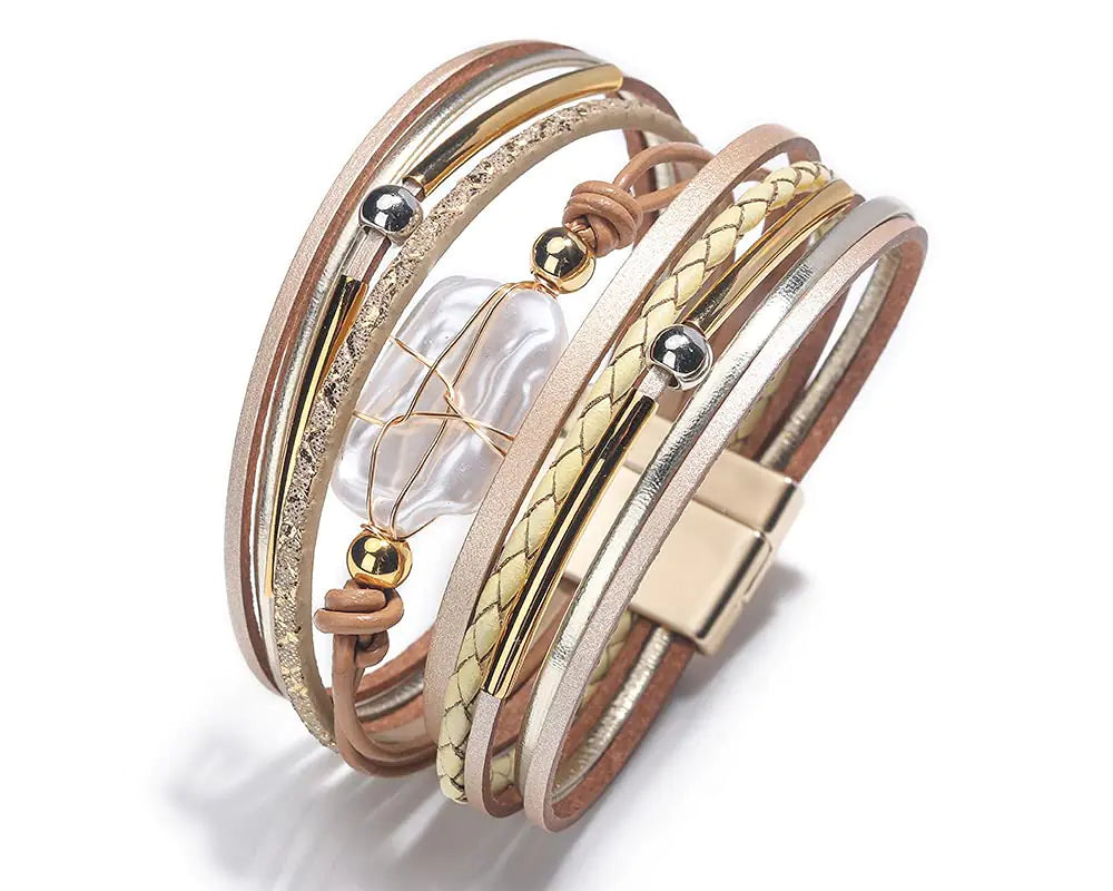 Fesciory Bracelet for Women – Boho Leather Wrap Multi-Layer Pearl Crystal Bracelet Bangle Jewelry