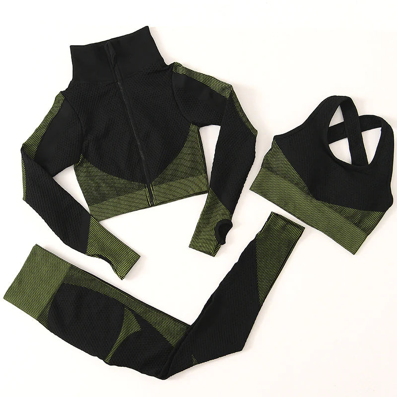 3-Piece Yoga Set – High-Waist Leggings, Sports Bra, and Long-Sleeve Jacket