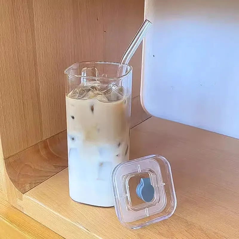 Square Coffee Cup with Lid – Transparent Flat Reusable Mug for Hot & Cold Beverages (Modern Drinkware Design)