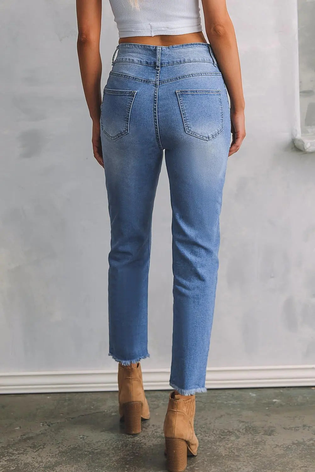 Sidefeel Women's High Waisted Jeans Strechy Raw Hem Straight Leg Denim Pants with Pockets 18 Mist Blue