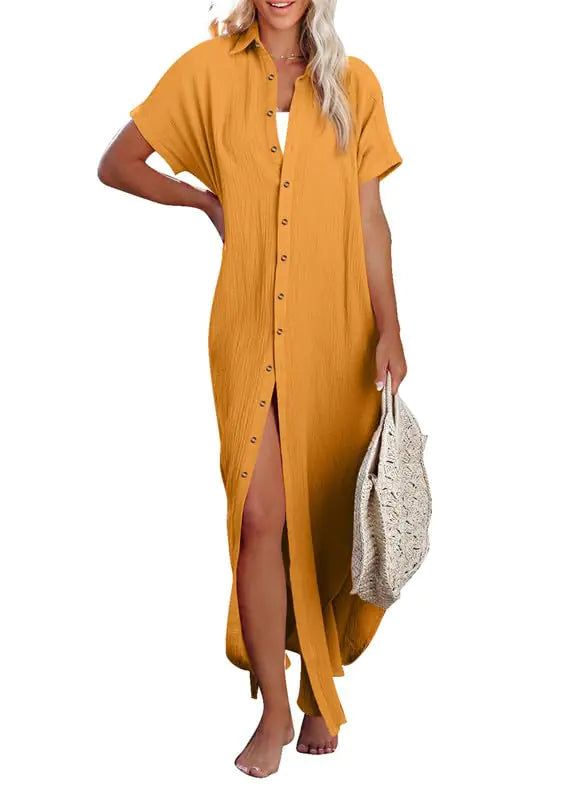 Womens Casual Short Sleeve Side Split Button Down Long Kimonos Cardigans Swimsuit Cover Ups Summer Beach Dress XX-Large 1 White