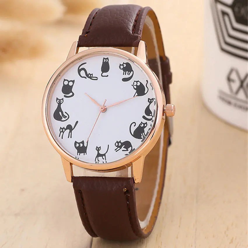 Cat Lover Women’s Watch – Elegant Leather Quartz Timepiece for Feline Fans