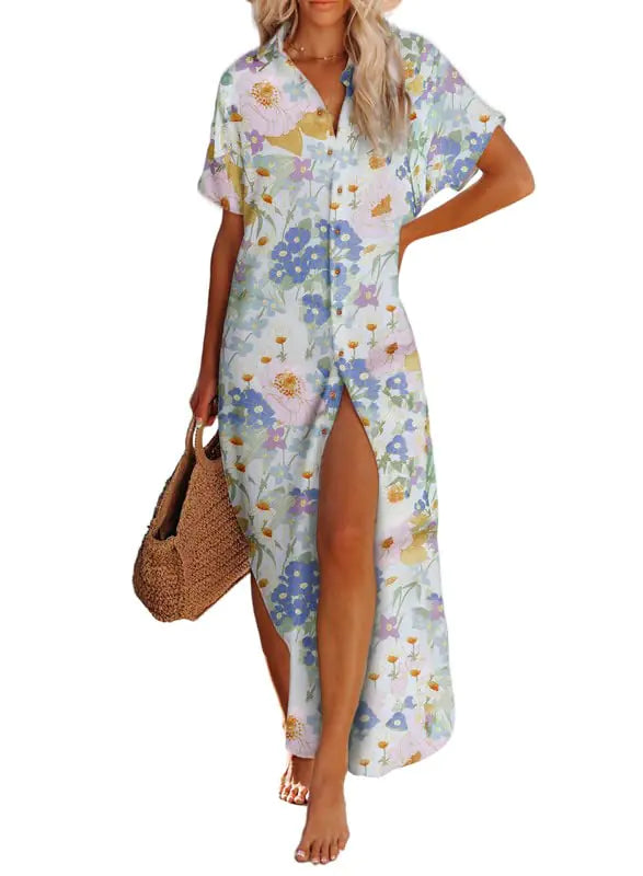 Womens Casual Short Sleeve Side Split Button Down Long Kimonos Cardigans Swimsuit Cover Ups Summer Beach Dress XX-Large 1 White