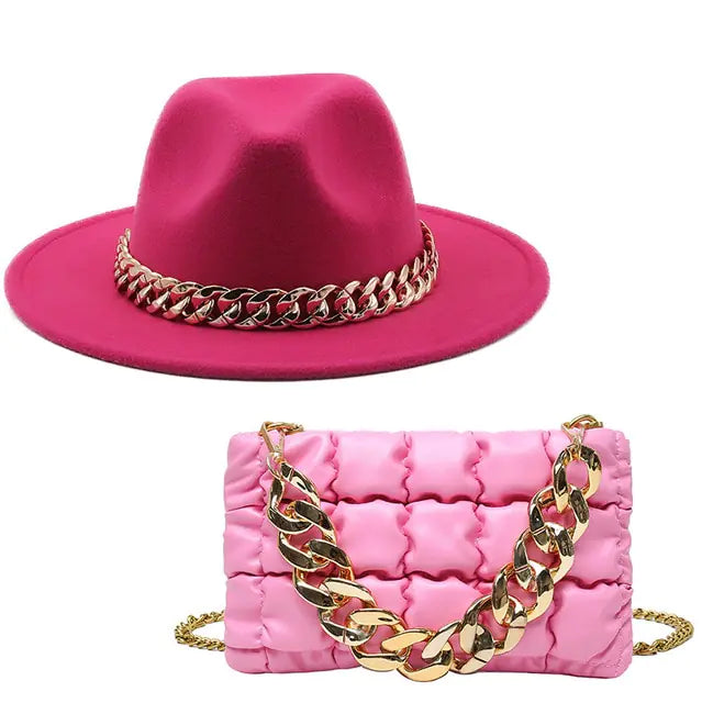 Fedora Hat and Handbag with Gold Chain – A Luxurious Fashion Statement