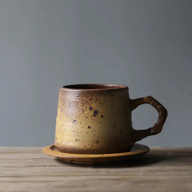 Japanese Vintage Ceramic Coffee Cup and Saucer Set – Handcrafted Stoneware Coffee Mug with Matching Plate (10.1oz, White / Yellow / Black)