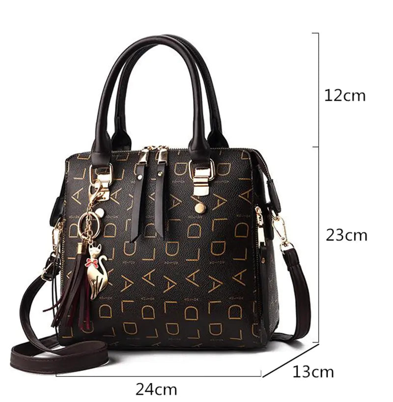 Vintage PU Leather Handbag – Stylish Letter Print Shoulder & Crossbody Bag with Cat Charm