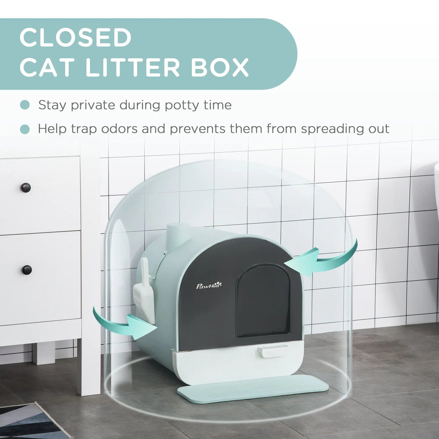 PawHut Cat Litter Box with Lid, Indoor Cat Litter Tray with Spoon, Strainer, Private Hooded Litter Box, Easy to Clean, Green, 17" x 17" x 18.5"