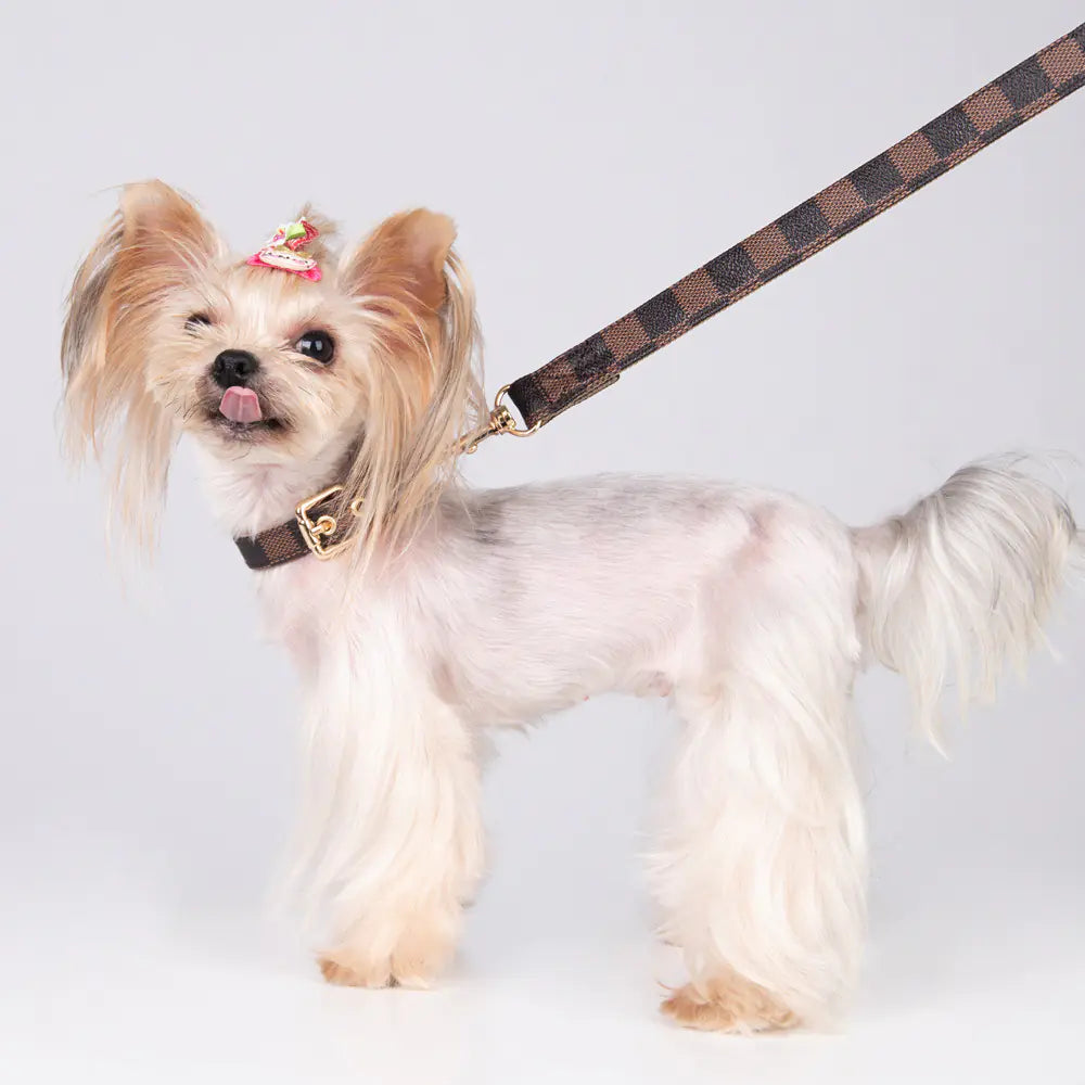 Pet Dog PU Collar Leash Set by Happier – Coffee Plaid Geometric Style with Leather Durability