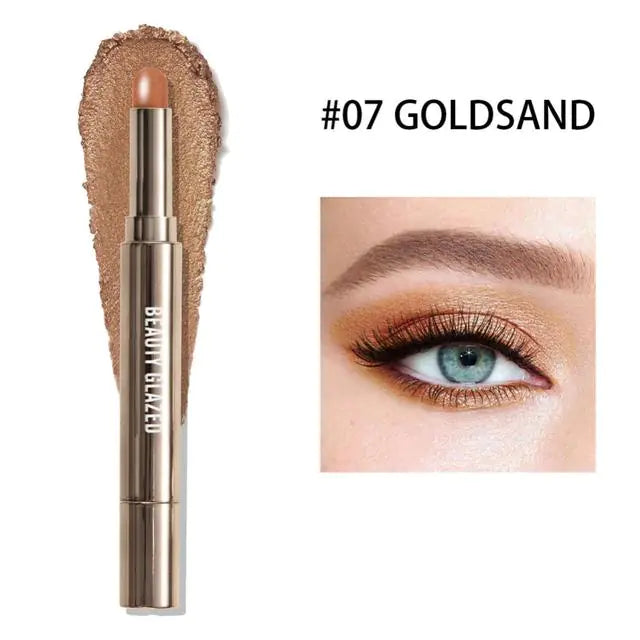 10 Color Double-Ended Eye Shadow Stick – Pearlescent Finish with Built-in Sponge Brush (5.1" Length)