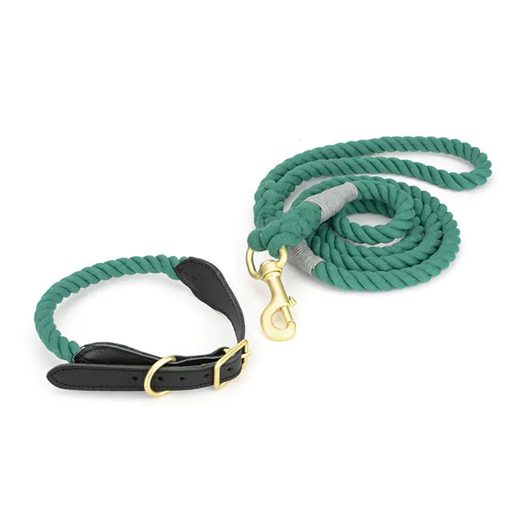 Cowhide Woven Cotton Rope Dog Leash & Collar Set – Durable & Stylish for All Breeds (Sizes S–XL)