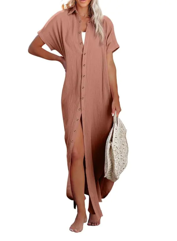 Womens Casual Short Sleeve Side Split Button Down Long Kimonos Cardigans Swimsuit Cover Ups Summer Beach Dress XX-Large 1 White