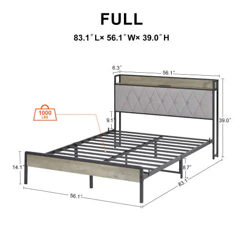 Full Size Bed Frame with Charging Station – Grey, 83.1" L x 56.1" W x 39.2" H