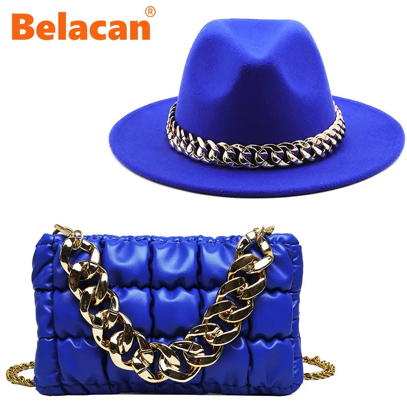 Fedora Hat and Handbag with Gold Chain – A Luxurious Fashion Statement