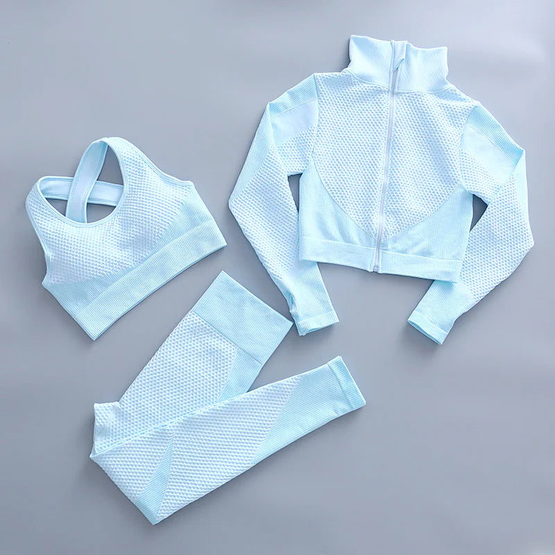 3-Piece Yoga Set – High-Waist Leggings, Sports Bra, and Long-Sleeve Jacket