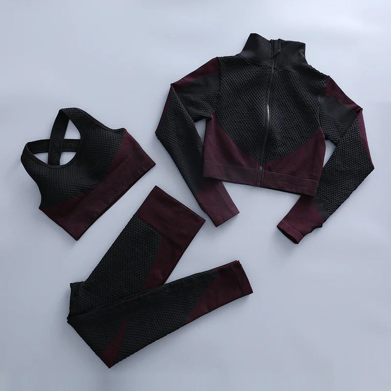 3-Piece Yoga Set – High-Waist Leggings, Sports Bra, and Long-Sleeve Jacket
