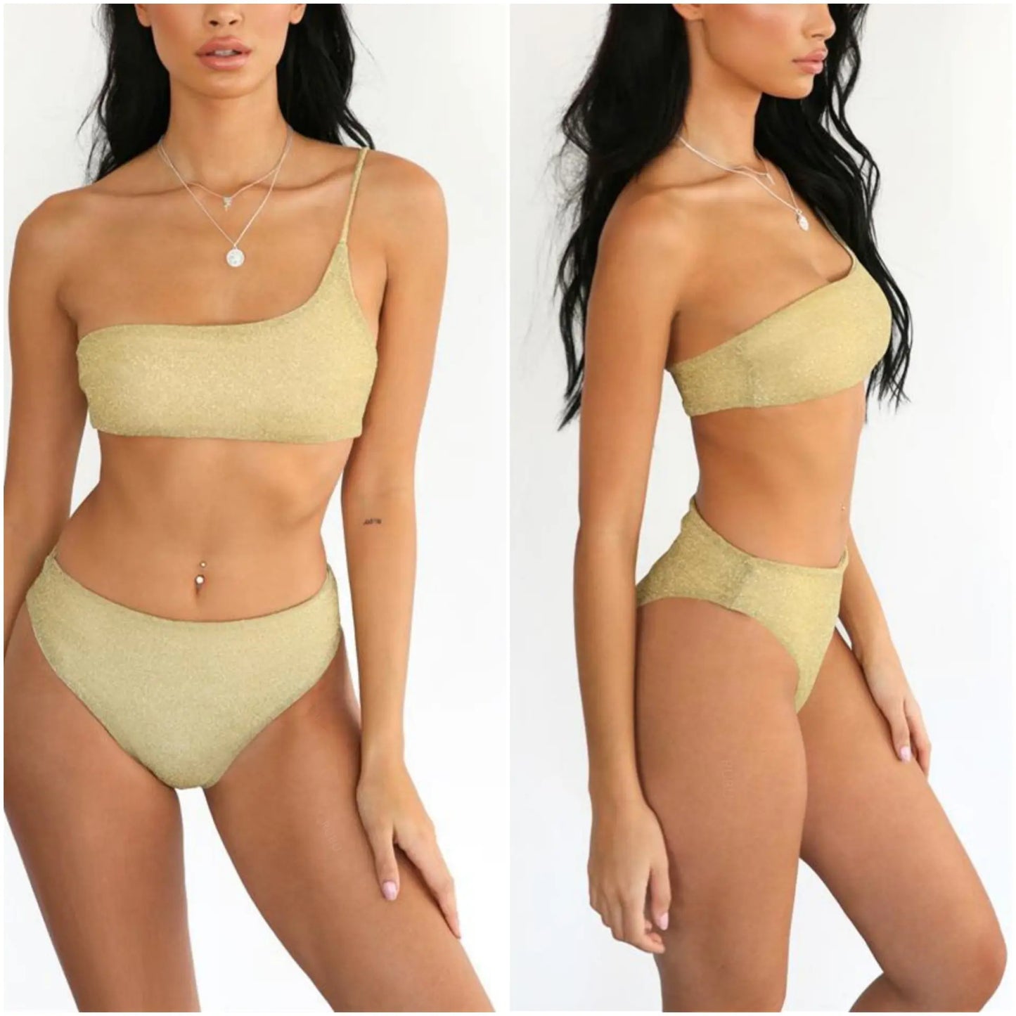 One-Shoulder Shimmer Bikini – Gold or Silver Glamour for Bold Summer Style (Sizes S–L)