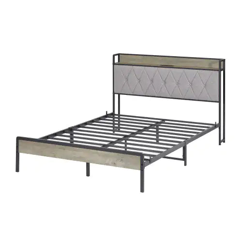 Full Size Bed Frame with Charging Station – Grey, 83.1" L x 56.1" W x 39.2" H