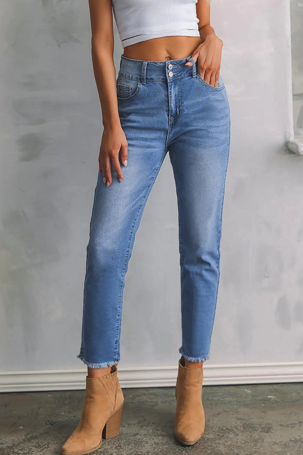 Sidefeel Women's High Waisted Jeans Strechy Raw Hem Straight Leg Denim Pants with Pockets 18 Mist Blue