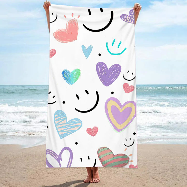 Double-sided Smiling Face Love Ice Cream Printing Beach Towel – Cotton Versatile Towel for Beach, Yoga & Decor